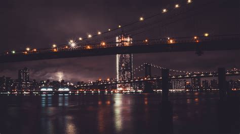 Download 1366x768 Wallpaper Brooklyn Bridge Night City New York City