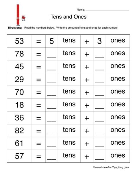 .worksheets, place value worksheets with tens and ones, skip counting and number bonds addition worksheets, and grade 1 addition and subtraction mixed operation worksheets cover both addition up to 100 and subtraction within 100 and re great to boost math skills for grade 1 math students. Tens Ones Worksheet | Have Fun Teaching