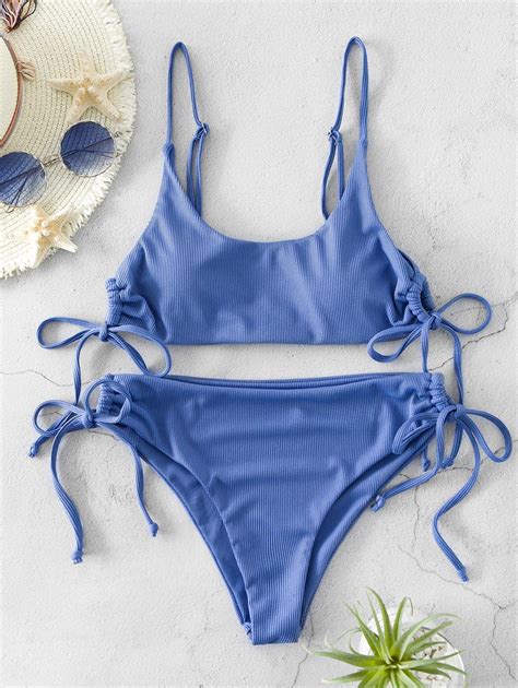 Off Zaful Ribbed Tie High Cut Bikini Swimsuit In Sky Blue