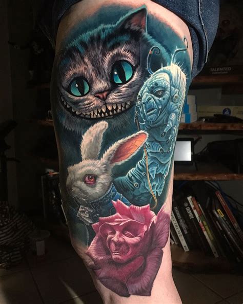 My full alice piece done for the. Alice in Wonderland Thigh Tattoo | Wonderland tattoo, Disney tattoos, Cheshire cat tattoo