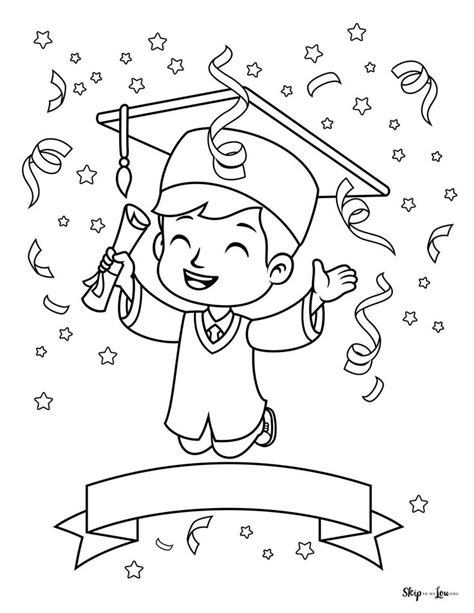 graduation coloring page with boy holding diploma with ribbons and