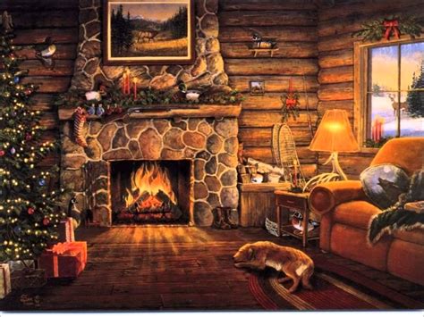 Winter Cabin Wallpaper Christmas Fireplace Log Cabin 1389337 Hd