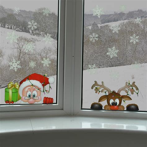 Peeking Santa And Rudolph Static Window Clings 28 Snowflakes Stickers