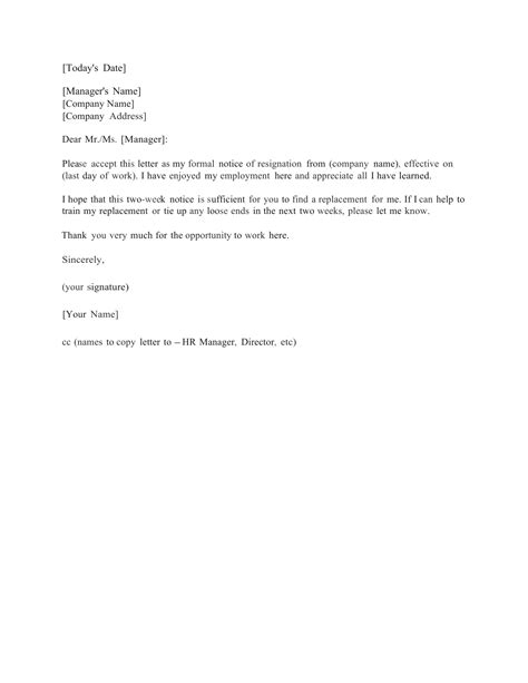 Two Weeks Notice Letter Example Letter