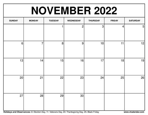 Printable November 2022 Calendar Templates With Holidays Vl Calendar