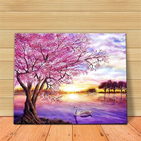 Molek Diy Oil Painting By Numbers Sakura Sunset Swan Laker Acrylic