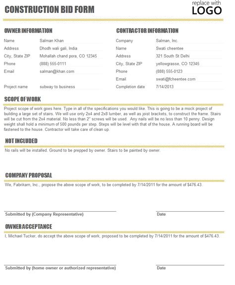 Construction Bid Form ~ Template Sample