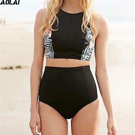 High Waist Swimsuit 2017 Two Piece Swimwear Women High Neck Bikini Cropped Biquini Plus Size