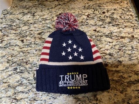 Blue Trump 45th President Usa Red White Winter Knit Beanie Hat W Pom New Ebay