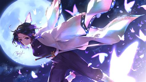 Demon Slayer Shinobu Kochou With Background Of Moon Dark Sky And Flying