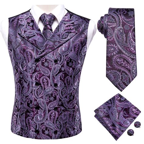 Purple Paisley Silk Mens Vest Hanky Cufflinks Tie Set Waistcoat Suit