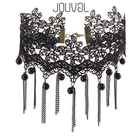 Jouval Collares Sexy Gothic Chokers Vintage Black Lace Crystal Neck Choker Necklace Victorian
