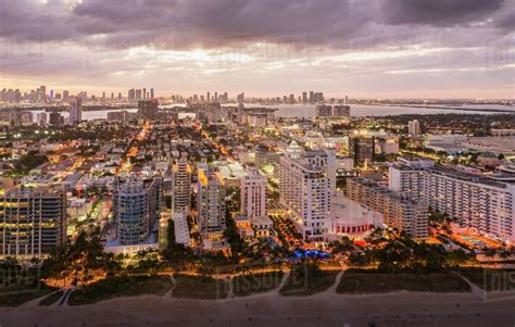 Cityscape With Skyscrapers At Dusk Aerial View Miami Beach Florida