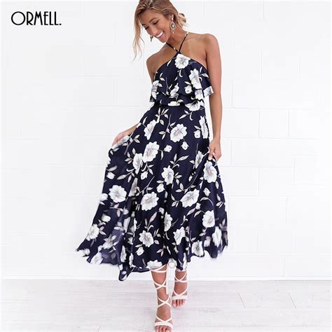 Ormell Floral Print Halter 2017 Summer Dress Women Spring High Split Beach Long Dress Sexy