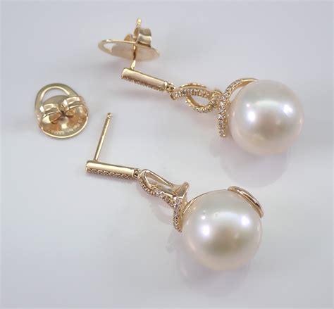 12 Mm Pearl And Diamond Dangle Drop Earrings 14K Yellow Gold June