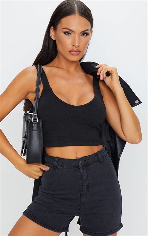 Black Ribbed Crop Top Tops Prettylittlething Usa