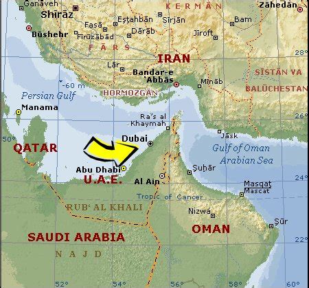 As observed on the physical map of the country above most of the united arab emirates is a desert wasteland with large rolling sand dunes as the outer reaches of the rub al khali desert stretch into the country. map of oman and uae