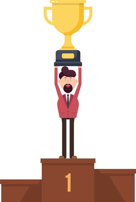 Happy businessman sits on the podium and holds the first place trophy