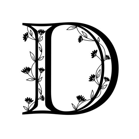 Floral botanical alphabet. Vintage hand drawn letter D. Letter with