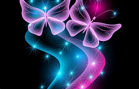 Wallpaper Butterfly Abstract Blue Pink Glow Neon Sparkle