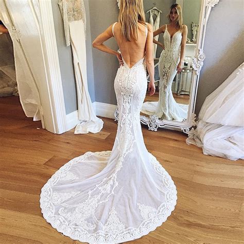 Mermaid Deep V Neck Backless Court Train Wedding Dress With Lace