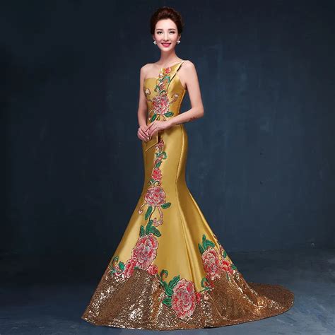 sexy oriental dress 2016 strapless gold mermaid cheongsam evening dress modern qipao dress