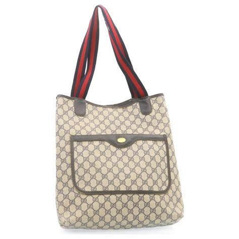 Gucci Sherry Line Gg Canvas Tote Bag Navy Red Pvc Leather Auth Ki878