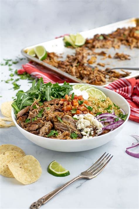 The lower temperature of a slow cooker helps keep the carnitas moist and you'll. Super easy to make Carnitas Bowls star delicious pork carnitas, quinoa, arugula, and a variety ...