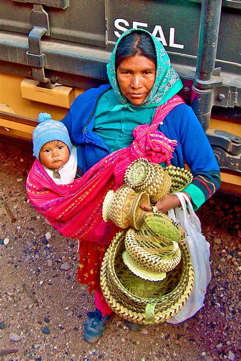 Tarahumara Indian Woman Selling Baskets At Bahuichivo Train Stop In