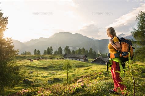 Austria Salzburg County Young Woman Standing In Alpine Mea