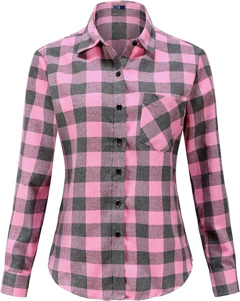 Women Buffalo Flannel Plaid Shirts Long Sleeve Button Down Blouses Pink Flannel Plaid L At