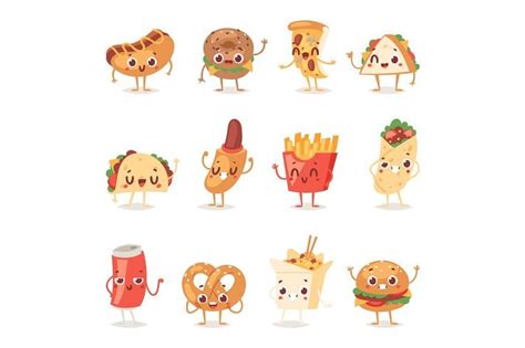 Cartoon Fast Food Characters Set With Funny Faces