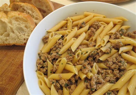 The recipe suggests using a mixture of pork and turkey, but you can use all ground turkey for flavorful — and healthier — results. Penne with Ground Turkey, Capers, and White Wine