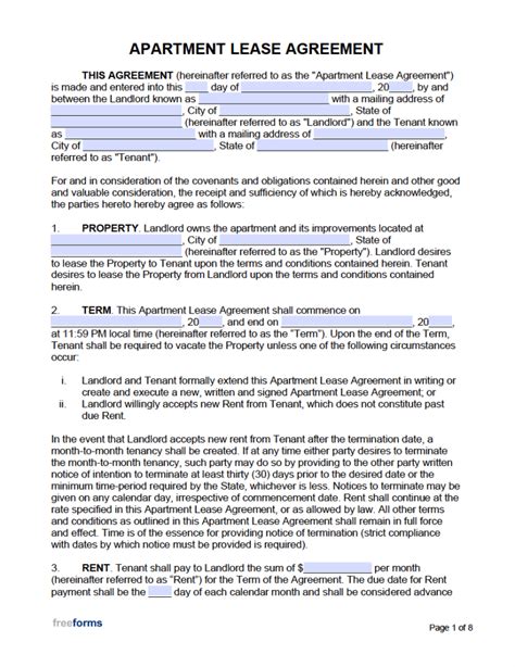 Free Apartment Lease Agreement Template Pdf Word