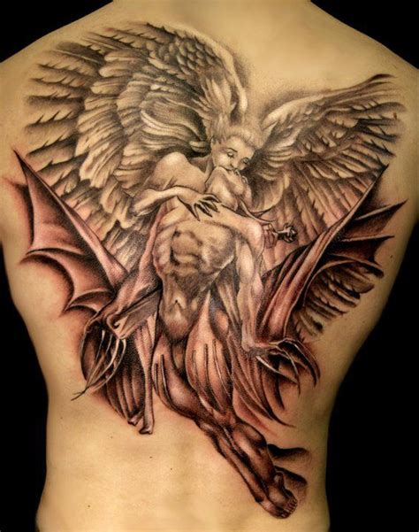 A Mans Back With An Angel And Demon Tattoo On His Chest In Black And Grey