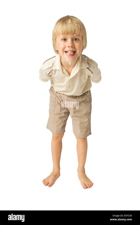 Kleiner Junge Seine Zunge Weißer Hintergrund Stockfotografie Alamy