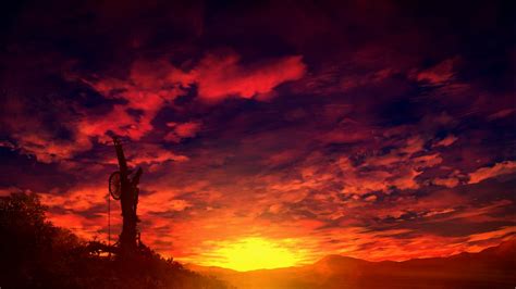 Original Anime Landscape Sunset Sky Cloud Beautiful Red