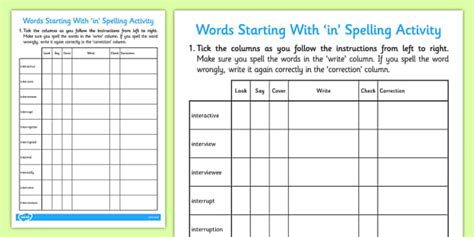 Look Say Cover Write Check Worksheet For Words Beginning With Inter
