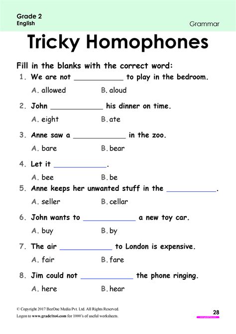 Homonyms Worksheet For Grade 1
