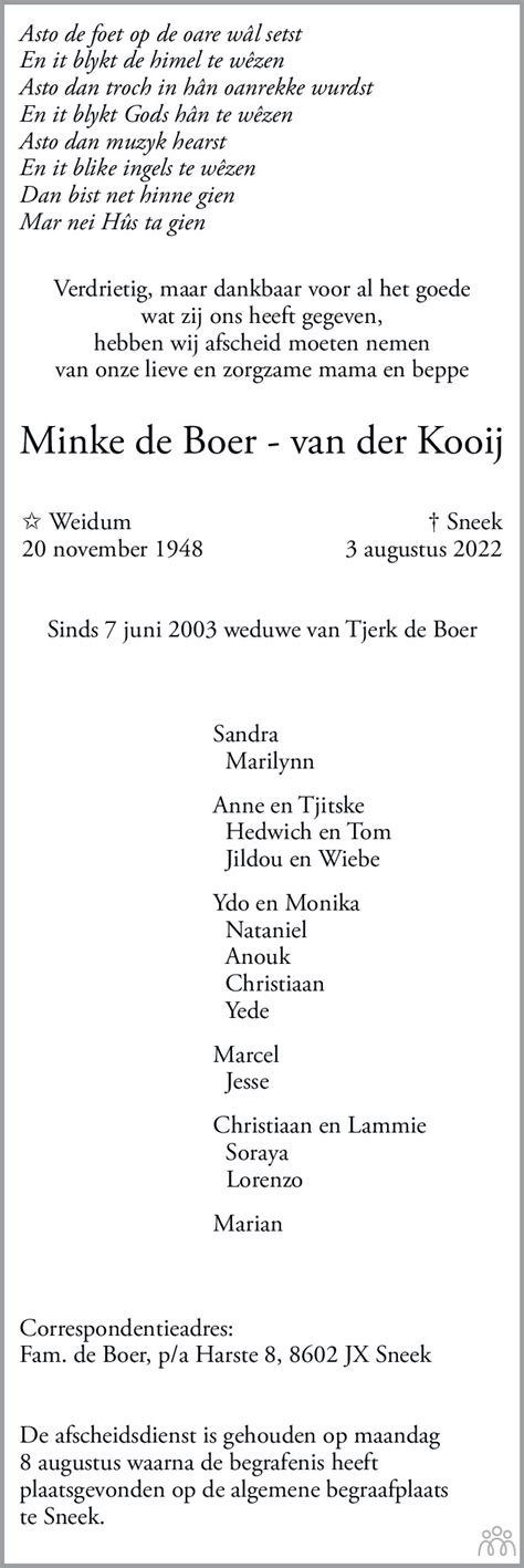 Minke De Boer Van Der Kooij 03 08 2022 Overlijdensbericht En