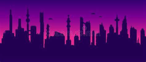 Seamless Cyberpunk Cityscape Silhouette Stock Vector Illustration Of