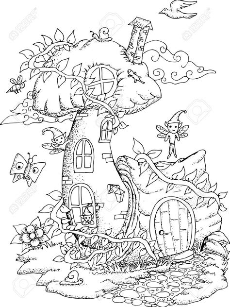 Black And White Illustration Of A Fairy House With Details For