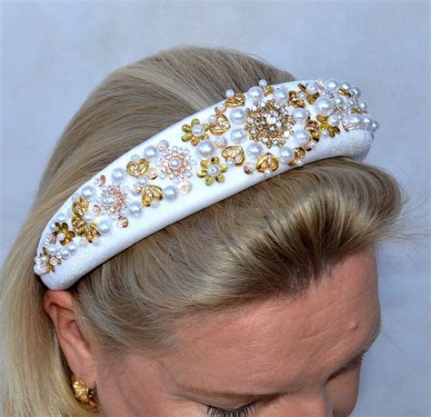White Gold Wedding Headband Tiara Padded Wide Headband Crystal Pearls