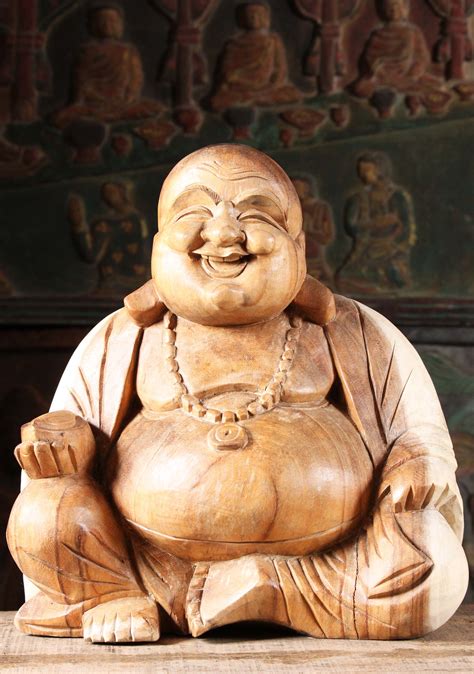Sold Light Wooden Seated Fat And Happy Buddha Of Wealth And Prosperity