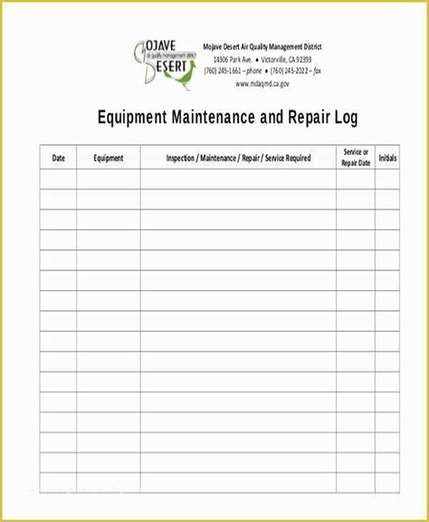 Equipment Maintenance Log Template Free Of 40 Equipment Maintenance Log
