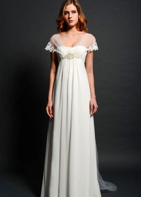 romantic chiffon v neck neckline empire waistline empire wedding dress wth lace appliques