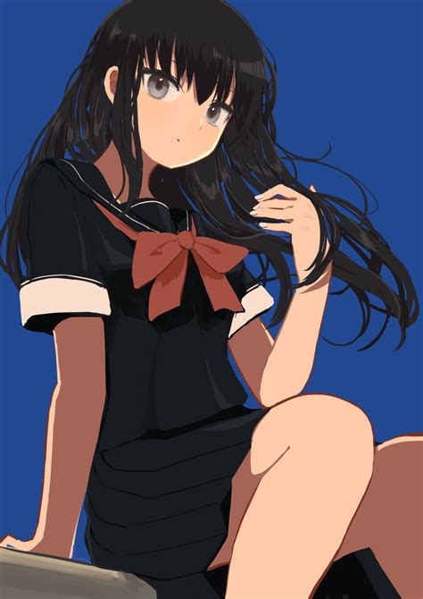 Safebooru 1girl O Arm Support Bangs Black Hair Black Sailor Collar Black Serafuku Black Shirt