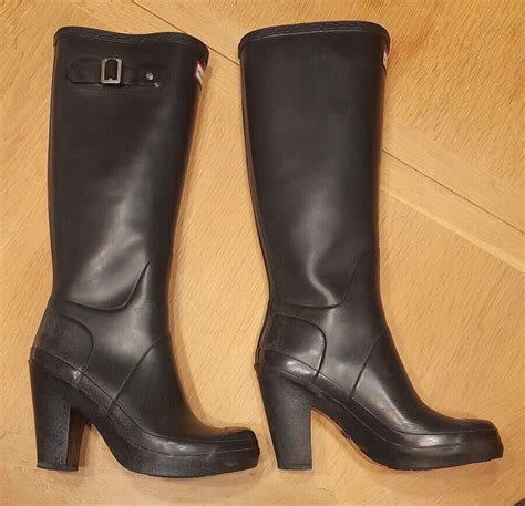 Rare Hunter Fulbrooke Tall Black Rubber High Heel Wellies Rain Boots Uk 5 Ebay