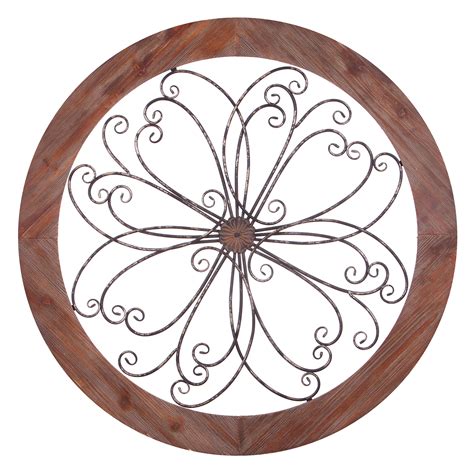 Patton Wall Decor Rustic Round Wood And Metal Decorative Scroll Wall