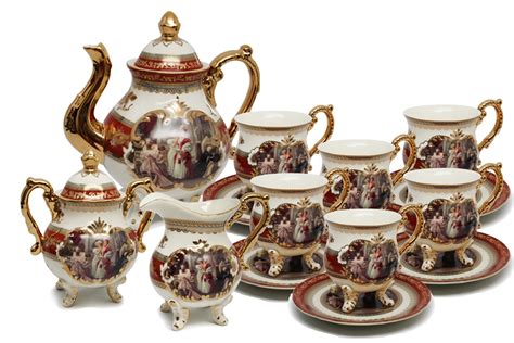 Royal Porcelain 15 Piece Antique Red Vintage Dining Tea Cup Set